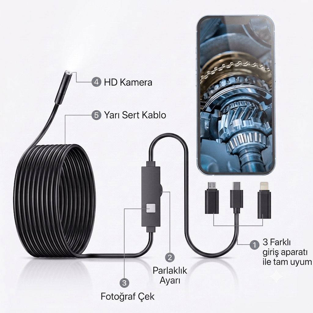 HD EndosTech Kamera: iPhone Ve Android Uyumlu İnceleme Kamerası