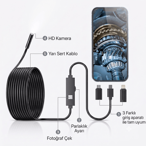 HD EndosTech Kamera: iPhone Ve Android Uyumlu İnceleme Kamerası
