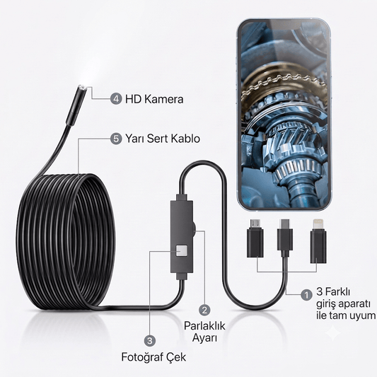 HD EndosTech Kamera: iPhone Ve Android Uyumlu İnceleme Kamerası